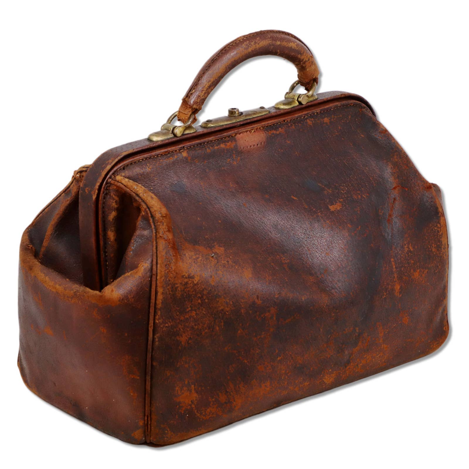 Doctor's Bag Brown Cowhide Leather Brass Hardware Antique Late